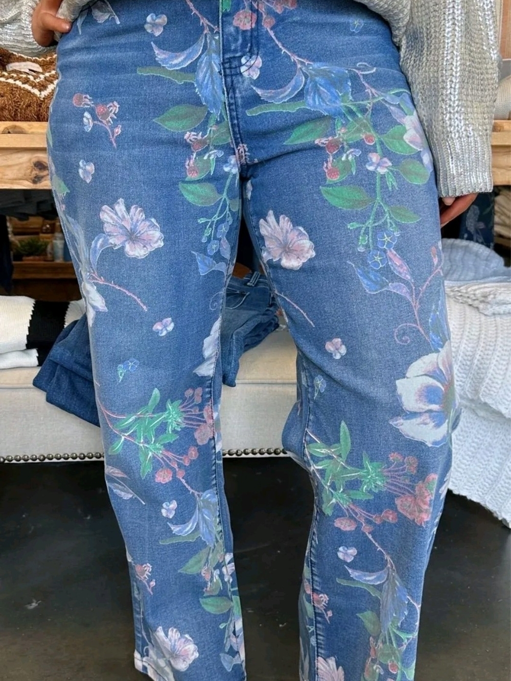 Floral Print Blue Women's Jeans